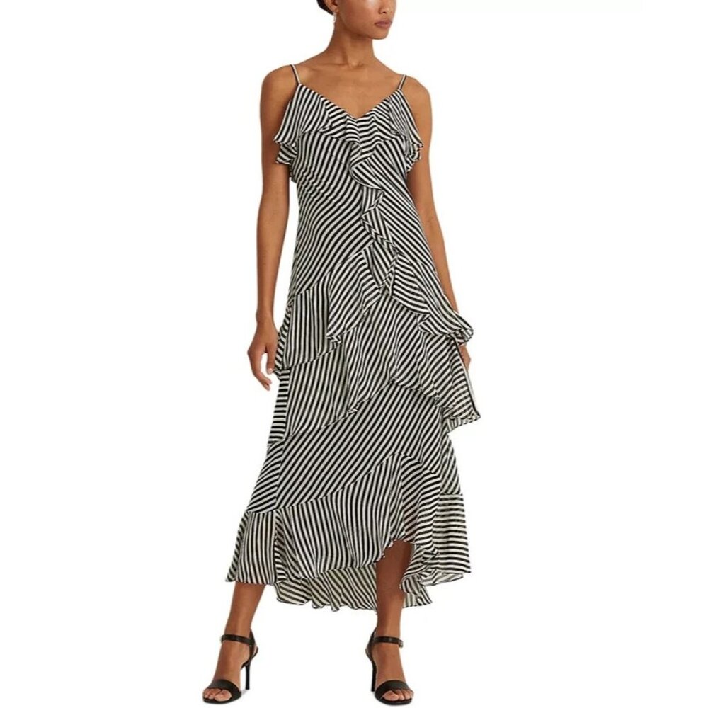 Lauren Ralph Lauren Striped Georgette Cocktail Dre Black Cream Size 16 MSRP $245